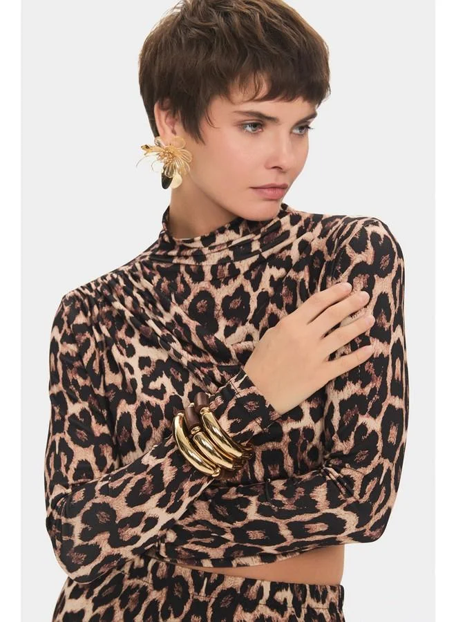 JUNE June Women Regular/normal Fit Cotton Blend Turtleneck Leopard Patterned Blouse Beige