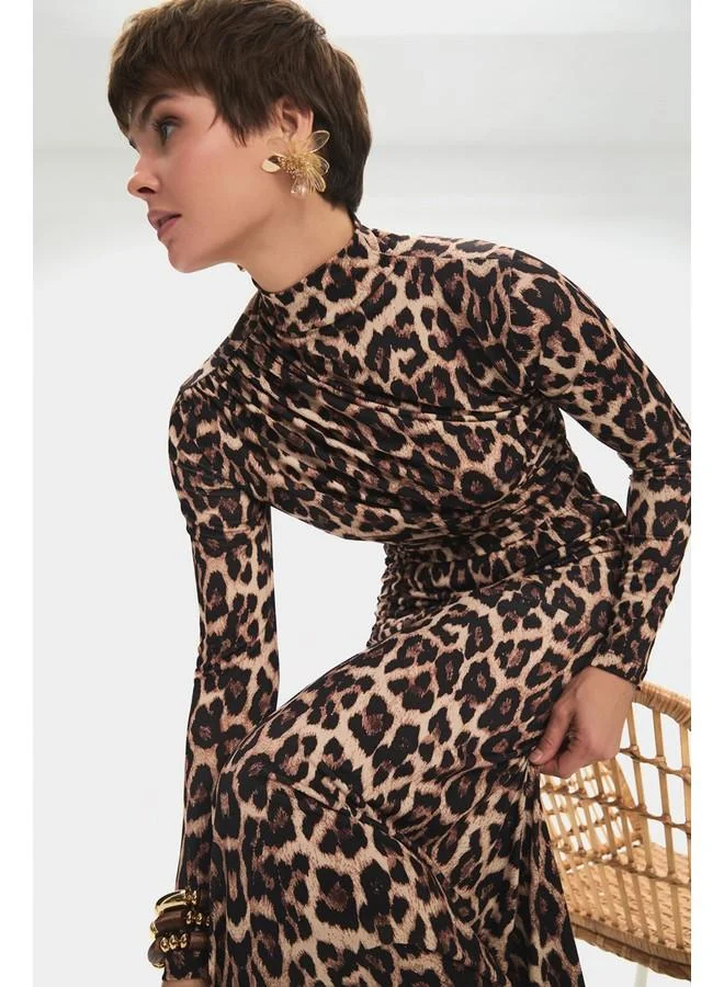 JUNE June Women Regular/normal Fit Cotton Blend Turtleneck Leopard Patterned Blouse Beige