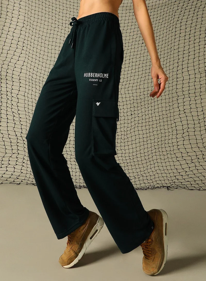 هوبرهولمي Women's Dark Green 100% Polyester Printed Full Length Cargo Straight Fit Trouser