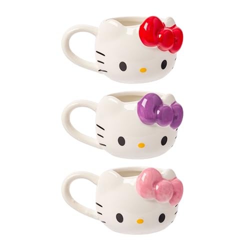 Silver Buffalo Sanrio Hello Kitty Different Color Bows 3 Pack Ceramic 3D Sculpted Mini Cup Set with Handles Perfect as a Sugar Cream or Milk Set 35 Ounces - Image 1