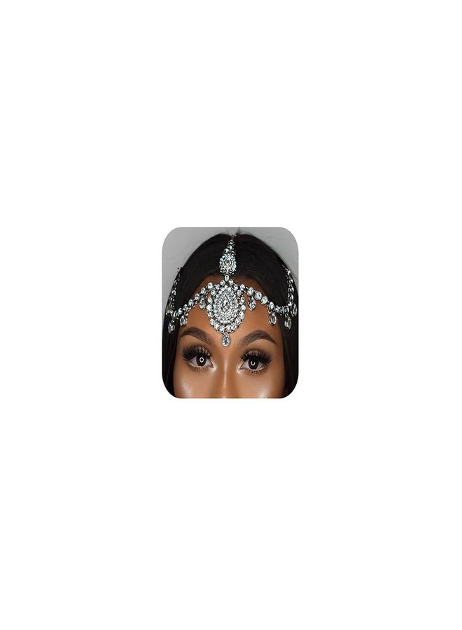 Xerling Bridal Forehead Headpiece for Wedding Zircon Crystal Dangling Tassel Head Chain Clip-on Hair Accessories for Women Boho Hair Piece for Girls (Silver) - Image 1
