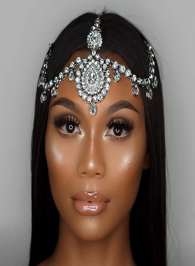 Xerling Bridal Forehead Headpiece for Wedding Zircon Crystal Dangling Tassel Head Chain Clip-on Hair Accessories for Women Boho Hair Piece for Girls (Silver) - Image 2