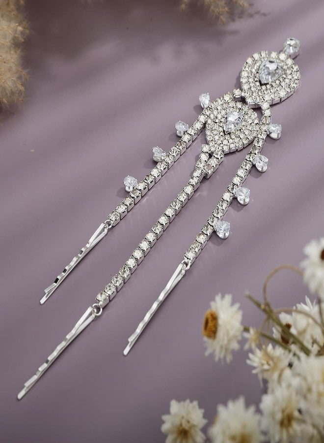 Xerling Bridal Forehead Headpiece for Wedding Zircon Crystal Dangling Tassel Head Chain Clip-on Hair Accessories for Women Boho Hair Piece for Girls (Silver) - Image 5