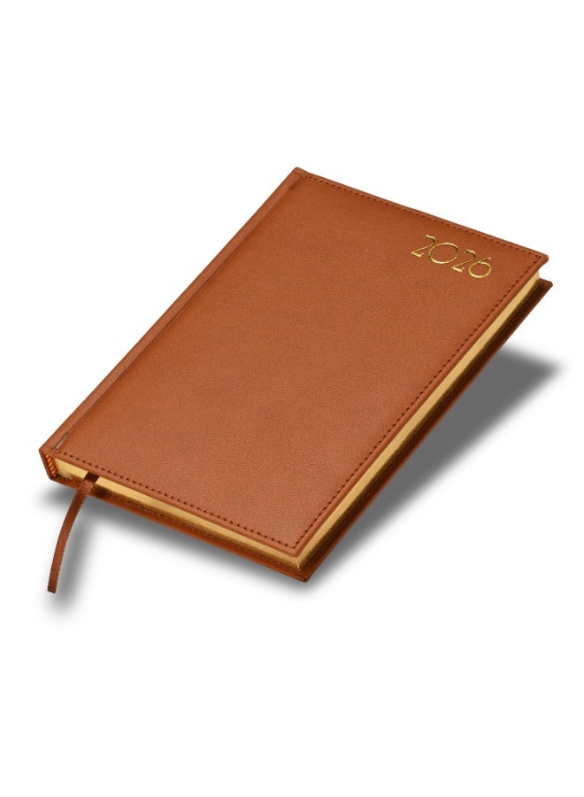 FIS 2026 Diary, Golden A5 Size Diary(148x210mm), Italian PU Materials, 1 Side Padded & Sewn Cover, Gilded Edges, English, 70gsm Italian Ivory Paper, Brown Color-FSDI26EG26BR - Image 1