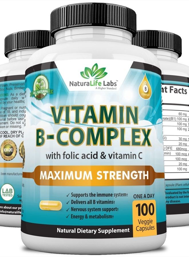 NaturaLife Labs Vitamin B Complex with Vitamin C and Folic Acid - B12, B1, B2, B3, Vitamin B5 Pantothenic Acid, B6, B7, B9 - Nervous System Support 100 Veggie Capsules - Image 4