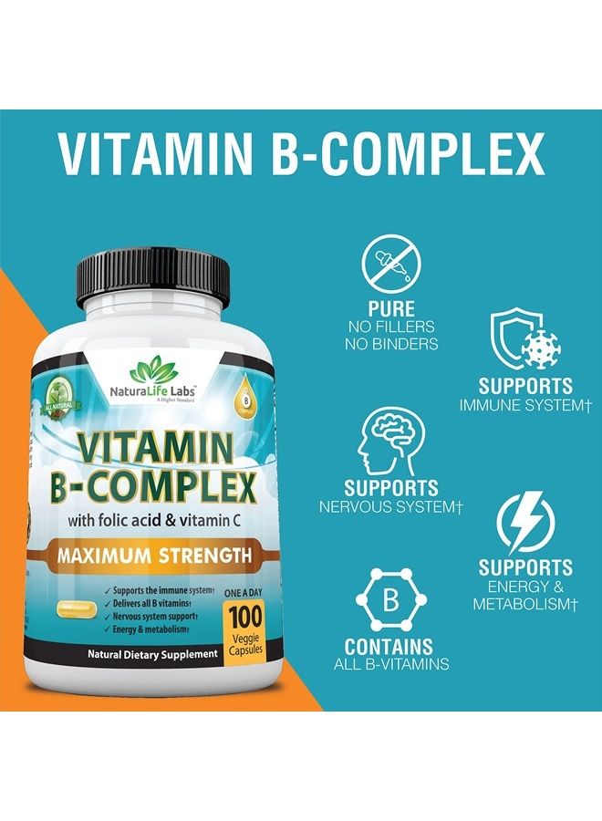 NaturaLife Labs Vitamin B Complex with Vitamin C and Folic Acid - B12, B1, B2, B3, Vitamin B5 Pantothenic Acid, B6, B7, B9 - Nervous System Support 100 Veggie Capsules - Image 2