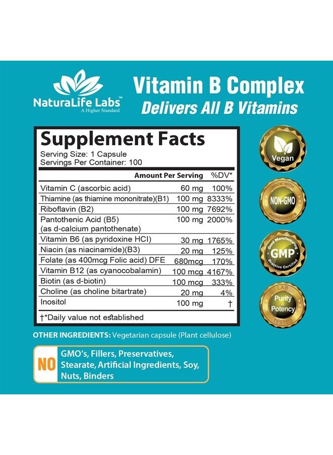 NaturaLife Labs Vitamin B Complex with Vitamin C and Folic Acid - B12, B1, B2, B3, Vitamin B5 Pantothenic Acid, B6, B7, B9 - Nervous System Support 100 Veggie Capsules - Image 3