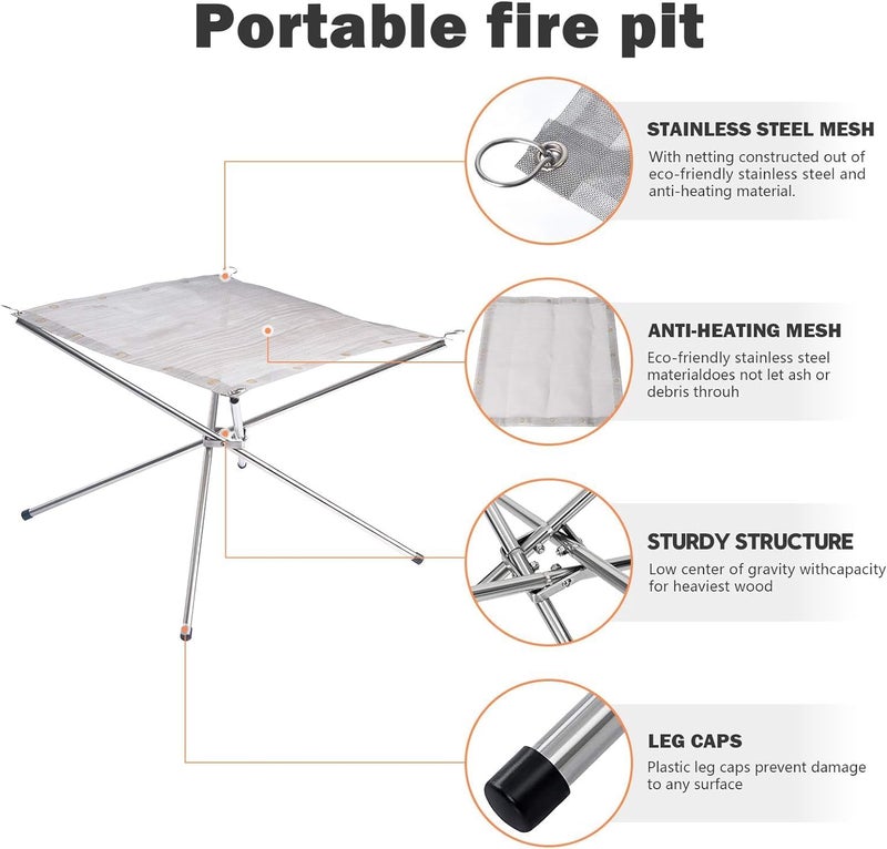 Paporich Portable Outdoor Fire Pit 22 Inch Upgrade Foldable Stainless Steel Mesh Fire Pit Wood Burning, Collapsible Fireplace Space Saving Perfect for Camping,Patio, Garden (Carrying Bag Included) - Image 4