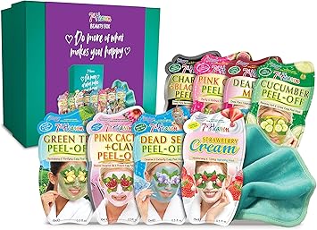 7th Heaven مجموعة ماسكات الوجه 7th Heaven مع صندوق هدايا للعناية بالبشرة 8 ماسكات وجه قماش تنظيف ناعم 6 أنواع ماسكات تقشير قناع طين البحر الميت قناع كريمة الفراولة المرطب مجموعة هدايا مع صندوق - Image 1