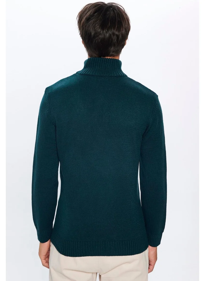 تودورس Men's Slim Fit Slim Fit Dobby Zippered Green Stand Collar Sweater