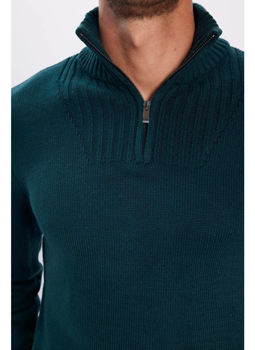 تودورس Men's Slim Fit Slim Fit Dobby Zippered Green Stand Collar Sweater