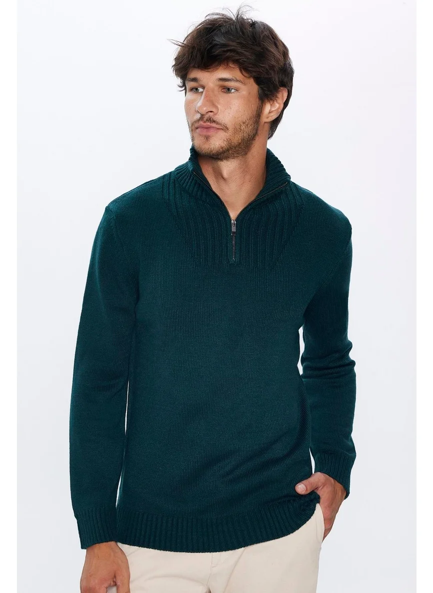 تودورس Men's Slim Fit Slim Fit Dobby Zippered Green Stand Collar Sweater
