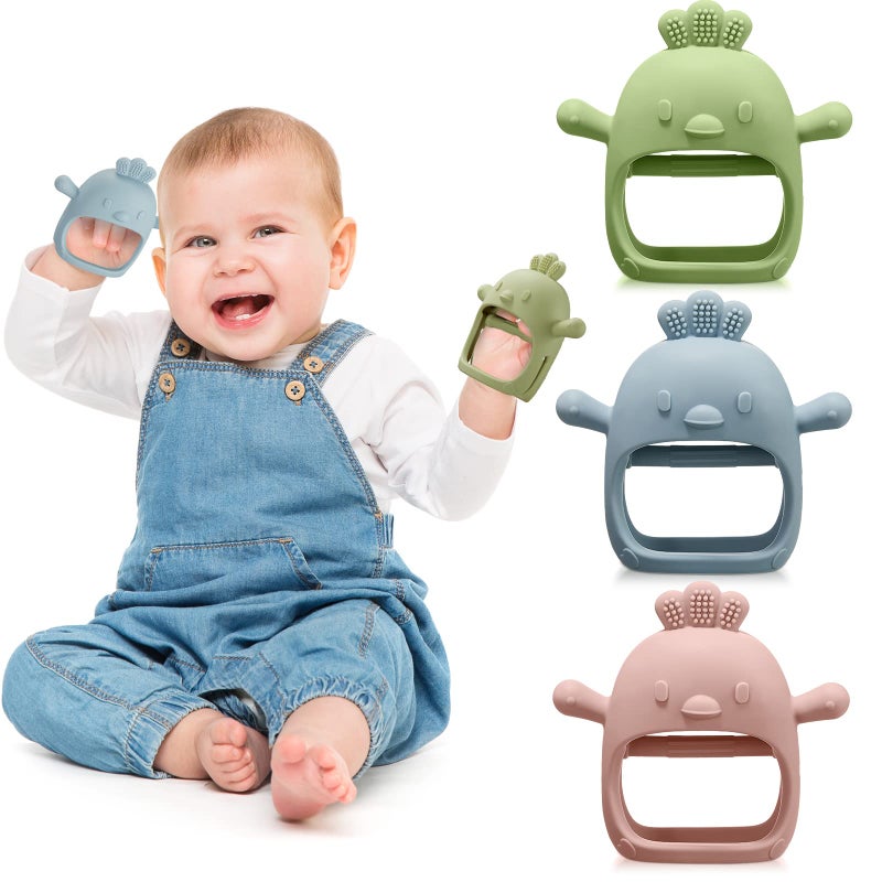 Chumia 3 Pack Baby Teether Teething Toys for Babies 0-6 Months Baby Teething Toy Silicone Anti Dropping Infant Hand Teether Pacifiers Wrist Hand Chew Toys for Sucking Needs (Blue, Green, Flesh Pink, Chick) - Image 1