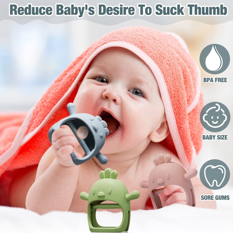 Chumia 3 Pack Baby Teether Teething Toys for Babies 0-6 Months Baby Teething Toy Silicone Anti Dropping Infant Hand Teether Pacifiers Wrist Hand Chew Toys for Sucking Needs (Blue, Green, Flesh Pink, Chick) - Image 5