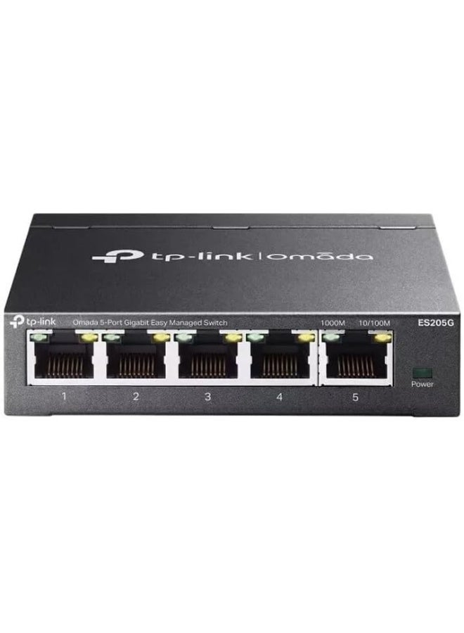 TP-Link Omada ES205G 5-Port Gigabit Easy Managed Switch, 10/100/1000Mbps RJ45 Ports, Fanless Metal Casing, VLAN, QoS, IGMP Snooping, Loop Prevention, Omada Cloud & App Management, Desktop/Wall-Mount, Compact Office/Home Network Switch Black