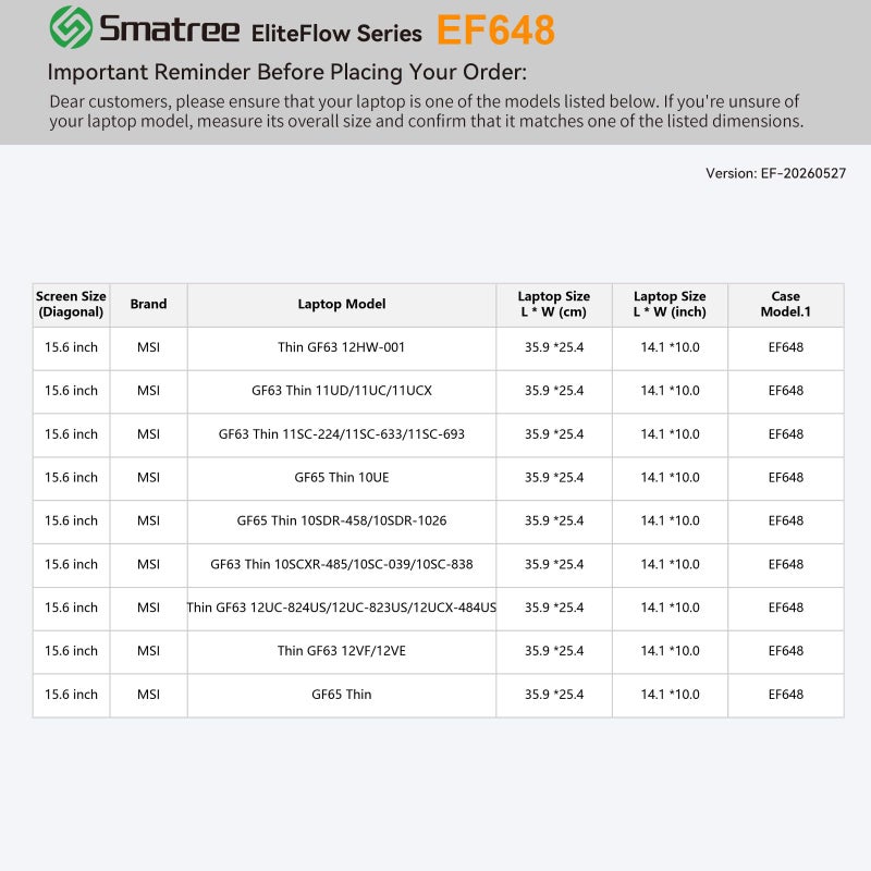 غلاف حقيبة لابتوب Smatree EliteFlow مخصص لجهاز MSI GF65 Thin 10SDR/10UE وGF63 Thin 10SC/11SC/11UD/11UC/11UCX/12HW/12UC/12UCX/12VF/12VE بحجم 15.6 بوصة، مع جيب للإكسسوارات (EF648) - Image 2