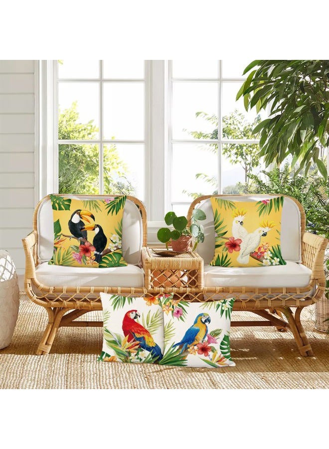 Bonhause Tropical Birds Toucan Cushion Covers 45 x 45 cm Parrots Flowers Leaves Decorative Throw Pillow Covers Polyester Linen Summer Pillowcases for Sofa Garden Patio Outdoor Home Decor Set of 4 - Image 2