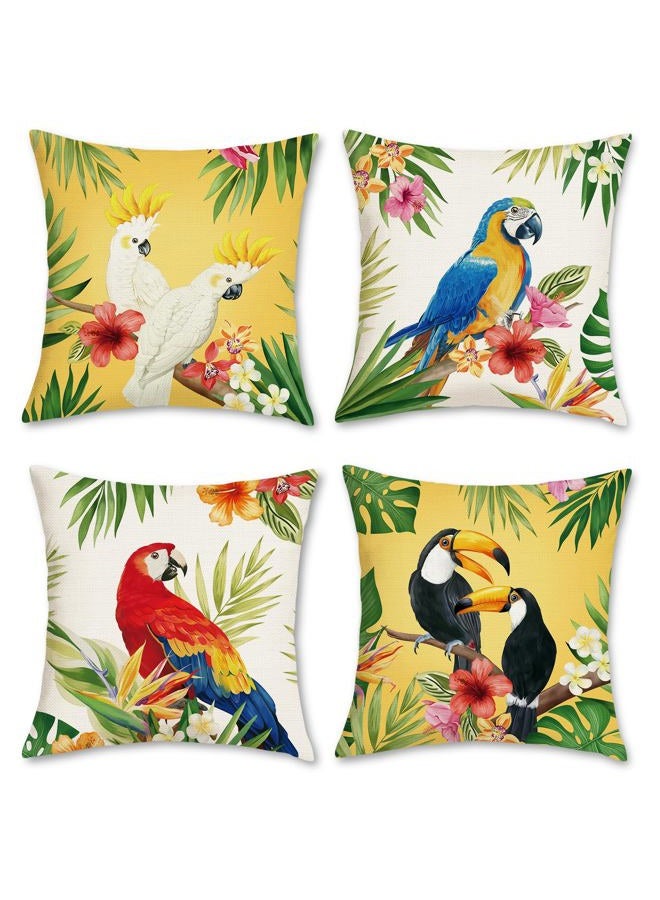 Bonhause Tropical Birds Toucan Cushion Covers 45 x 45 cm Parrots Flowers Leaves Decorative Throw Pillow Covers Polyester Linen Summer Pillowcases for Sofa Garden Patio Outdoor Home Decor Set of 4 - Image 1