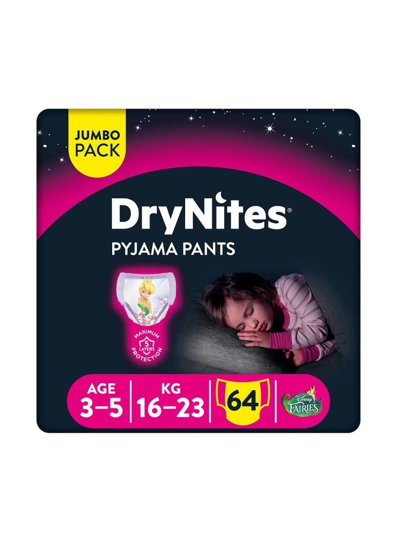 HUGGIES DryNites Pyjama Pants, 64 Pieces Jumbo Pack, For Girls Age 3-5, 16-23kg - Night-Time Protection, Super Absorbent, 5 Layers, Leak Free
