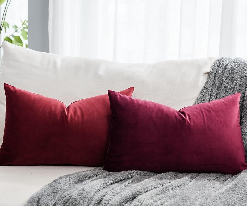 QUAFOO Burgundy Christmas Decorative Lumbar Velvet Throw Pillow Covers 12x20 inch Set of 2 with Zipper Luxury Soft Solid Rectangle Cushion Covers Case for Sofa Couch Bed Living Room - Image 2