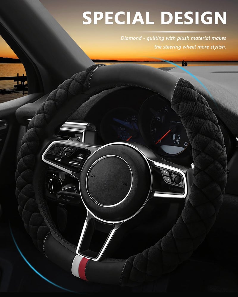 Cxtiy Universal Car Steering Wheel Cover Fluffy Winter Plush Steering Wheel Cover (A-Black) - Image 3