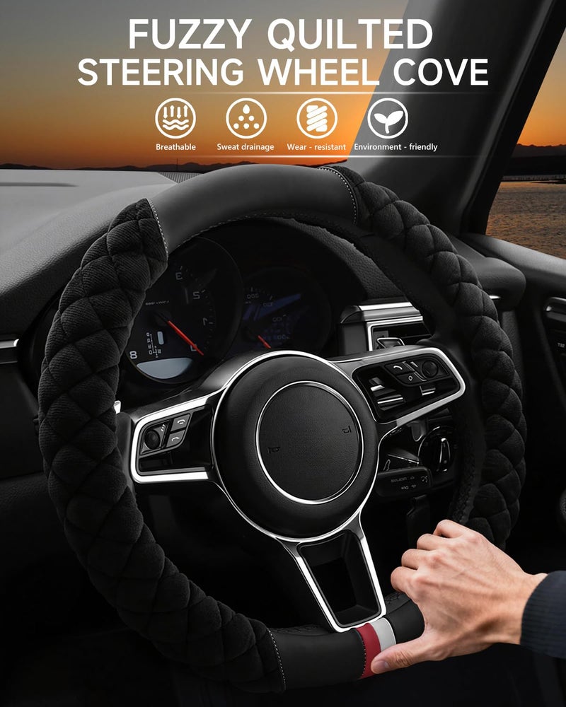 Cxtiy Universal Car Steering Wheel Cover Fluffy Winter Plush Steering Wheel Cover (A-Black) - Image 2