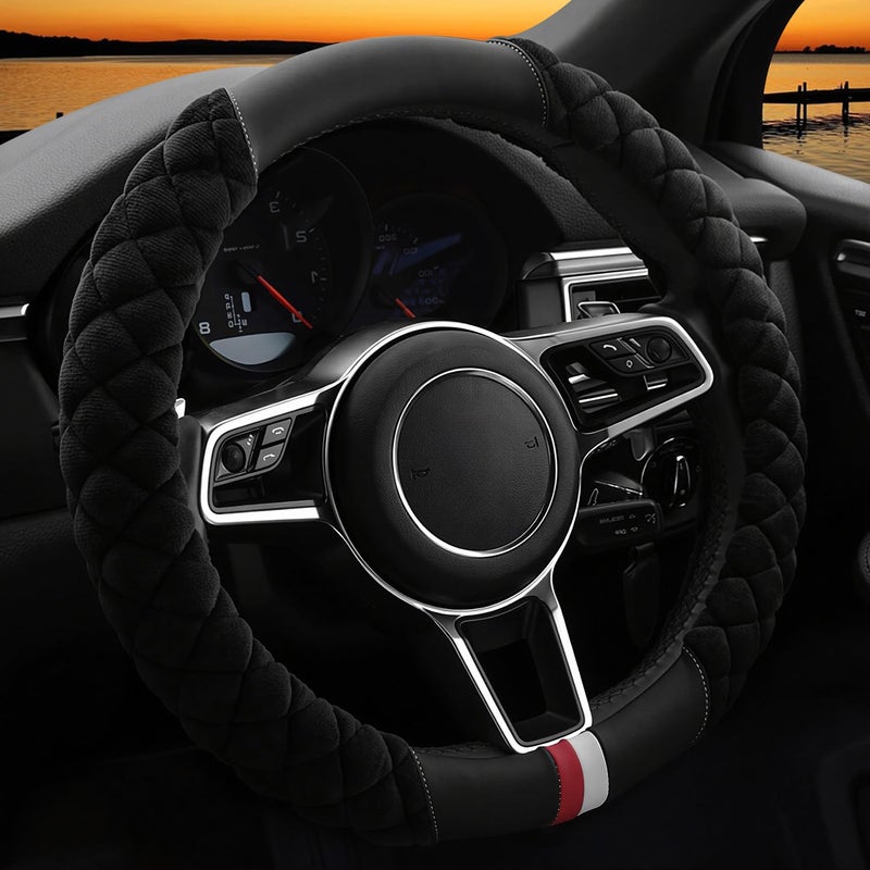 Cxtiy Universal Car Steering Wheel Cover Fluffy Winter Plush Steering Wheel Cover (A-Black) - Image 1
