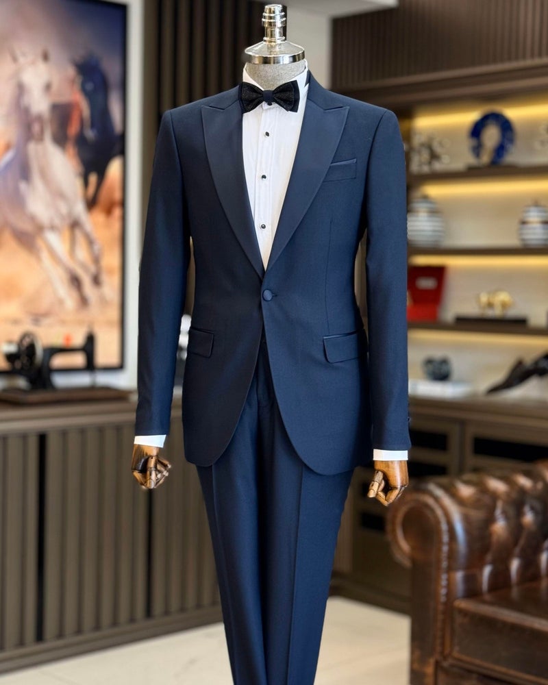 Terzi Adem Altun Tailor Adem Altun Italian Cut Slim Fit Pointed Collar Jacket Trousers Groom Suit Set Navy Blue T11837  - Image 1