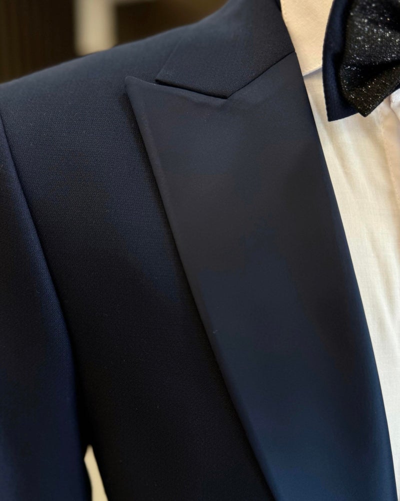 Terzi Adem Altun Tailor Adem Altun Italian Cut Slim Fit Pointed Collar Jacket Trousers Groom Suit Set Navy Blue T11837  - Image 3