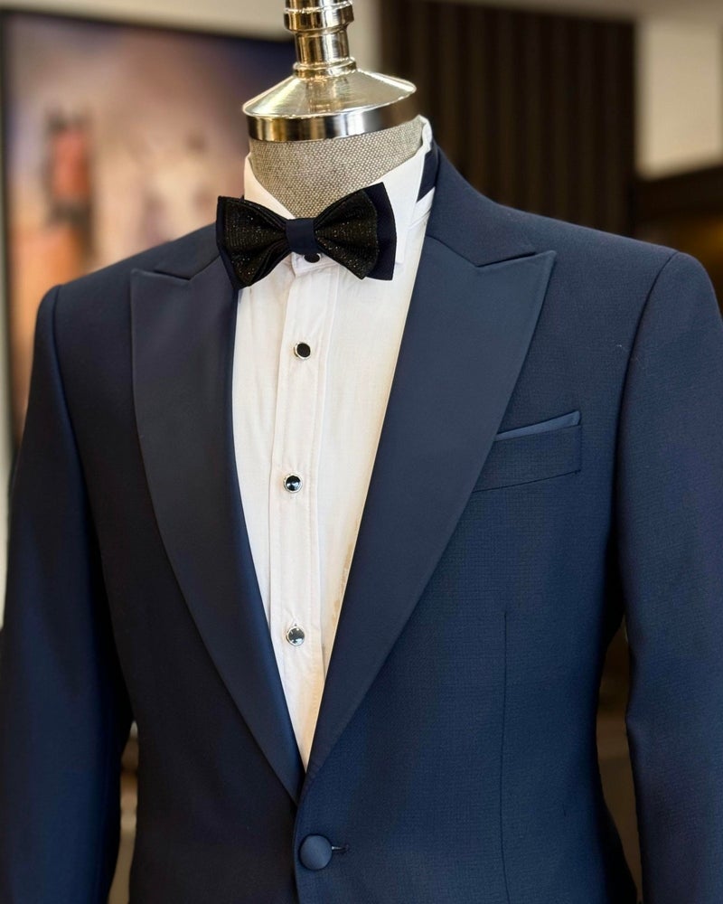 Terzi Adem Altun Tailor Adem Altun Italian Cut Slim Fit Pointed Collar Jacket Trousers Groom Suit Set Navy Blue T11837  - Image 4