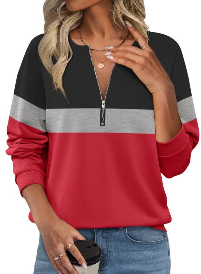 TICTICMISS Womens Sweatshirts Half Zip Fleece Pullover Tops Color Block Quarter Zipper Hoodies Fall Winter Clothes, Black-gray-red, XL - Image 1