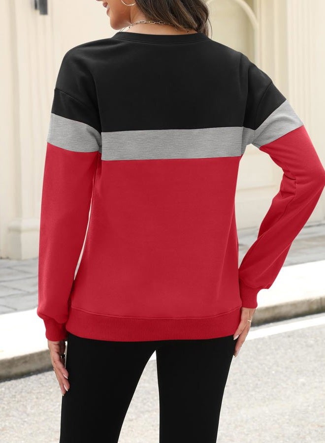 TICTICMISS Womens Sweatshirts Half Zip Fleece Pullover Tops Color Block Quarter Zipper Hoodies Fall Winter Clothes, Black-gray-red, XL - Image 3