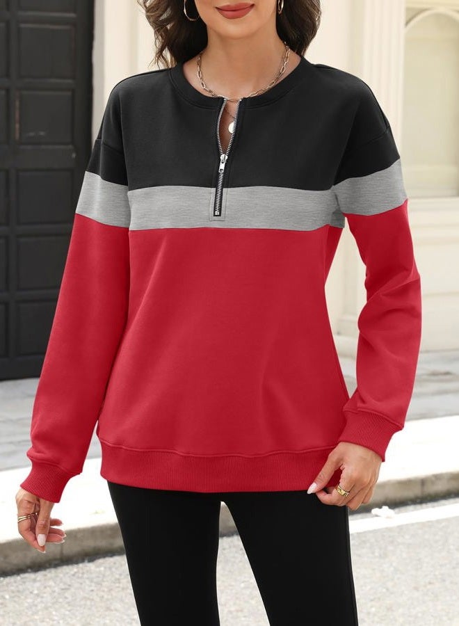 TICTICMISS Womens Sweatshirts Half Zip Fleece Pullover Tops Color Block Quarter Zipper Hoodies Fall Winter Clothes, Black-gray-red, XL - Image 2