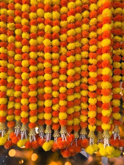 DIPTI HANDICRAFT DIPTI HANDICRAFT Artificial Marigold Flower Garland Long Flower Garlands for Door Decoration Toran Genda Phool for Wedding/Festivals with Bells and Rajnignadha(Yellow+Orange Mix)[10 pcs]  - Image 2