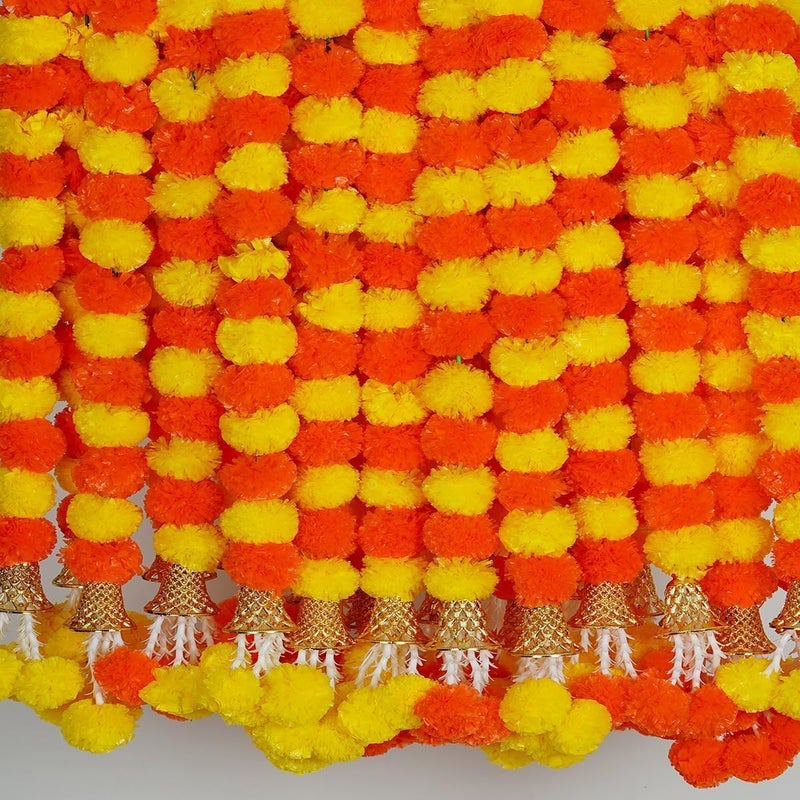 DIPTI HANDICRAFT DIPTI HANDICRAFT Artificial Marigold Flower Garland Long Flower Garlands for Door Decoration Toran Genda Phool for Wedding/Festivals with Bells and Rajnignadha(Yellow+Orange Mix)[10 pcs]  - Image 3