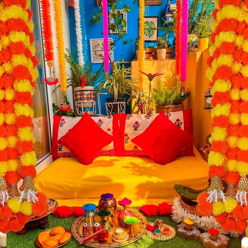 DIPTI HANDICRAFT DIPTI HANDICRAFT Artificial Marigold Flower Garland Long Flower Garlands for Door Decoration Toran Genda Phool for Wedding/Festivals with Bells and Rajnignadha(Yellow+Orange Mix)[10 pcs]  - Image 4