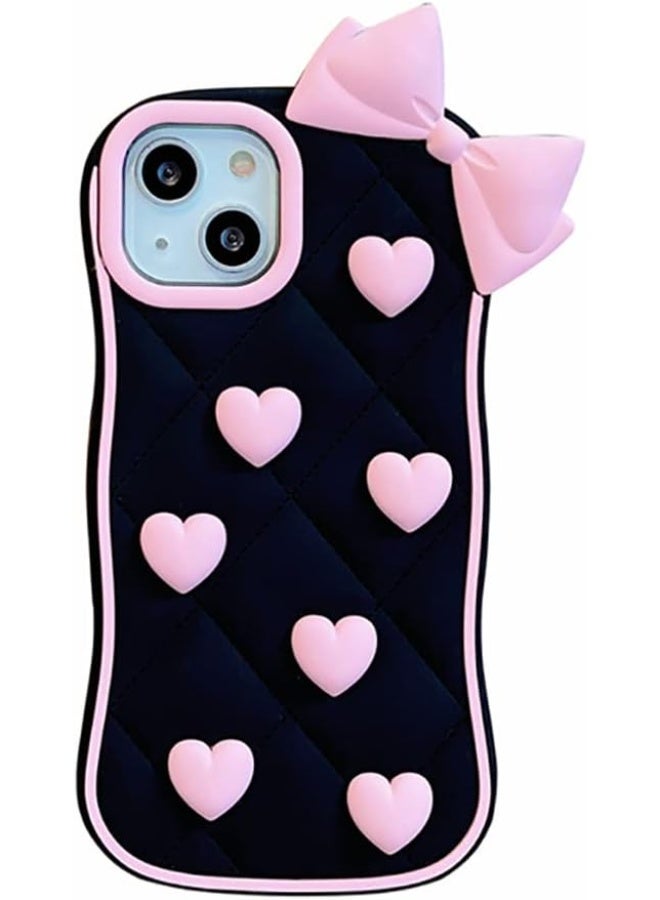 iPhone 15 Case Phone Cases,Cute 3D Cartoon Black Silicone Phone Case with Pink Love Bow Soft Shockproof Protective Case Funny for - Image 1
