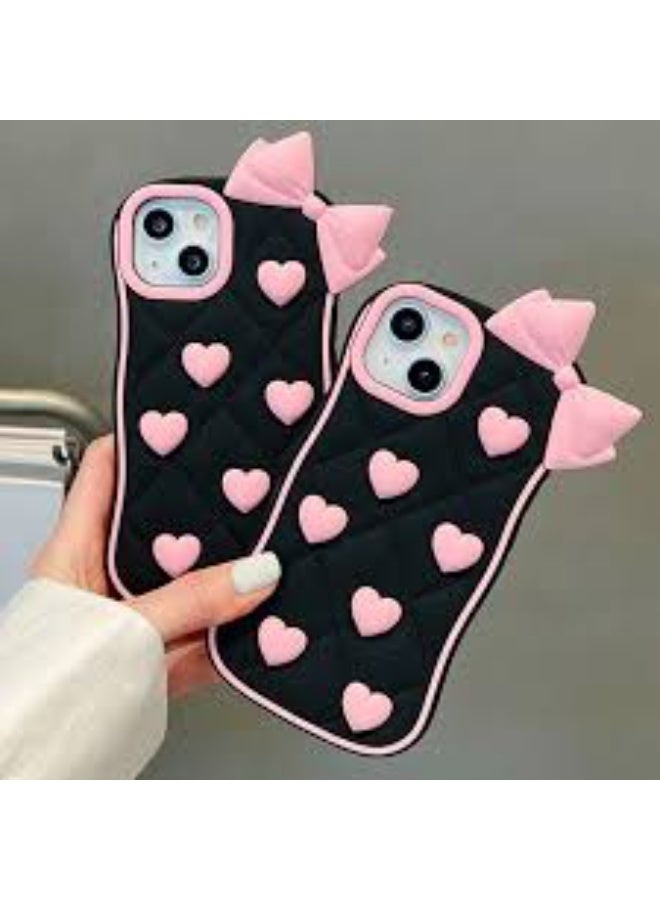 iPhone 15 Case Phone Cases,Cute 3D Cartoon Black Silicone Phone Case with Pink Love Bow Soft Shockproof Protective Case Funny for - Image 4