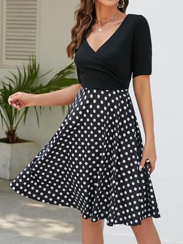 oxiuly Women's Vintage Criss-Cross V-Neck Half Sleeve Polka Dot Party Cocktail Knee-Length Casual Dress OX233 (L, BK-dot 5) - Image 5