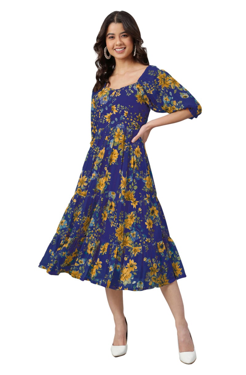 Janasya Women's Blue Georgette Floral Printed Tiered Dress (JAC24DR01656-XS) - Image 1