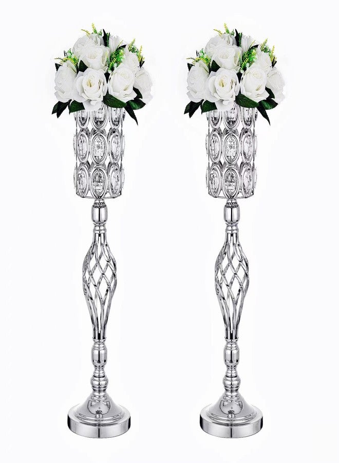 Lovecat 24in Metal Diamond Crystal Wedding Centerpiece Vases for Tables Set of 2, Silver Versatile Tall Flower Holders Centerpiece Flower Stands for Wedding Party Reception Home Décor - Image 1
