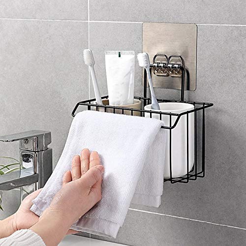 VIHAX Self Adhesive Metal Wall Hanging Basket Shelf for Sink Sponge Holder, Shampoo, Conditioner, Liquid and Toothbrush Holder with Kitchen Towel Rack (Black) - Image 3