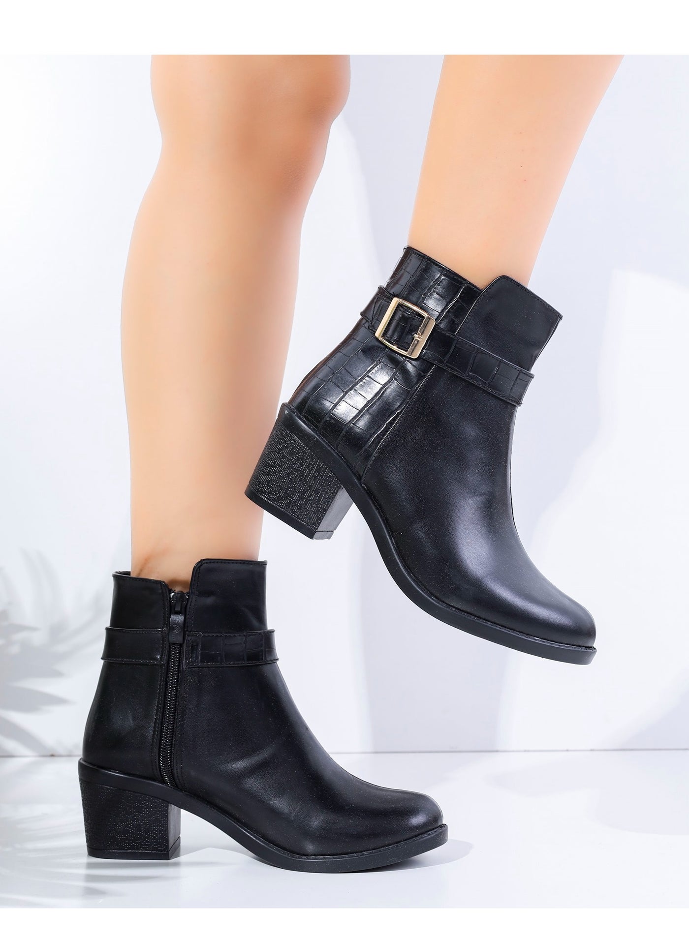 Ankle Boot Heels Leather With Buckle - Black R-18