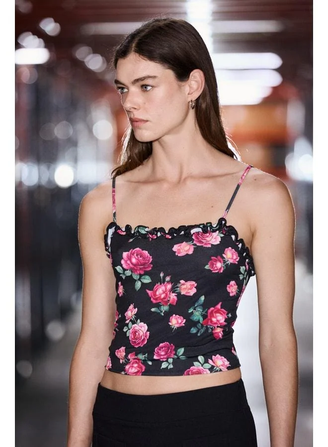 GRIMELANGE FRANSISE Women's Soft and Stretch Fabric Print Detailed Ruffle Black Pattern Blouse.