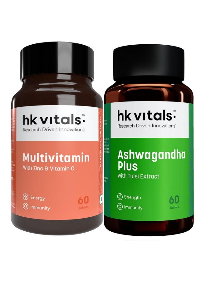 HealthKart hk vitals أشواغاندا بلس ومولتيفيتامين للرجال والنساء (60 قرص لكل منهما) حزمة كومبو | مع مولتيمعادن، أحماض أمينية، تورين وجينسنغ - Image 1