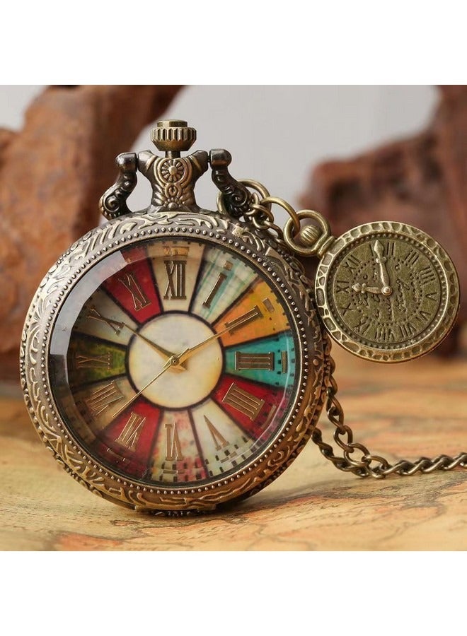 ساعة جيب عتيقة مقلوبة، ساعة كوارتز بأرقام رومانية قديمة، ساعة جيب عجلة جيب عصرية ملونة بنمط عجلة الحظ، زينة سلسلة سترة للرجال والنساء - Image 1