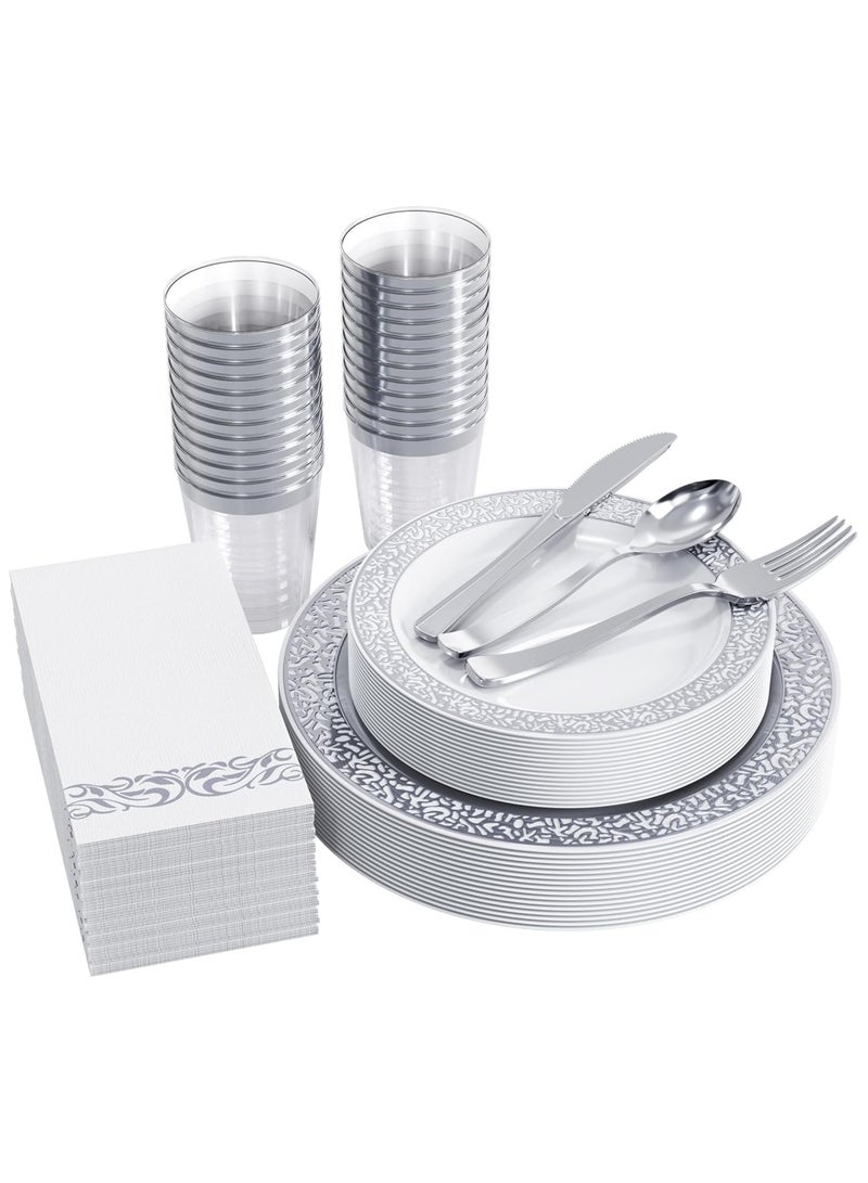 اليسا طقم أدوات مائدة للحفلات لـ ٢٥ ضيفًا - ١٧٥ قطعة من الأطباق والأكواب وأدوات المائدة والمناديل للاستخدام مرة واحدة من الدانتيل الفضي لحفلات الزفاف والتجمعات - Image 1