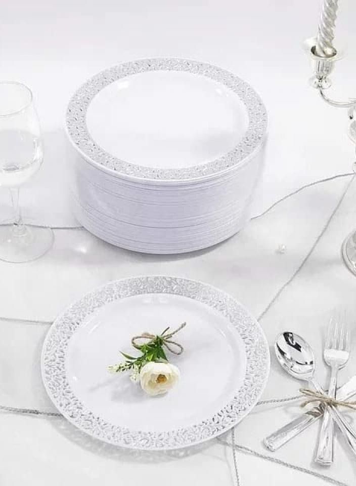 اليسا طقم أدوات مائدة للحفلات لـ ٢٥ ضيفًا - ١٧٥ قطعة من الأطباق والأكواب وأدوات المائدة والمناديل للاستخدام مرة واحدة من الدانتيل الفضي لحفلات الزفاف والتجمعات - Image 5