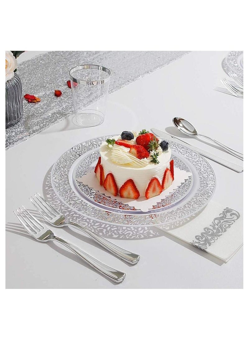 اليسا طقم أدوات مائدة للحفلات لـ ٢٥ ضيفًا - ١٧٥ قطعة من الأطباق والأكواب وأدوات المائدة والمناديل للاستخدام مرة واحدة من الدانتيل الفضي لحفلات الزفاف والتجمعات - Image 3