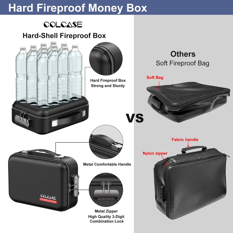 كولكيس صندوق نقود مقاوم للحريق من كولكيس مع قفل، صندوق صلب مقاوم للحريق بتصميم هيكل صلب مقاوم للحريق ومقاوم للماء، صندوق آمن محمول للنقود ومستندات A5 وجواز السفر والأشياء الثمينة، 11.3 × 8 × 4 بوصات أسود - Image 3